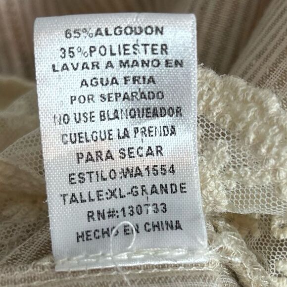 Umgee Cotton Blend Beige White Stripe Lace Trim Button Front Shirt XL - Picture 12 of 15